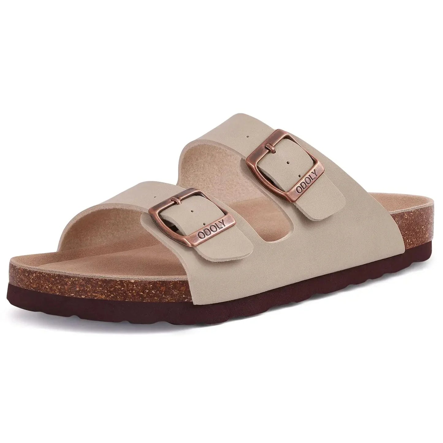 Women’s Open Toe Cork Sandals - Adjustable Buckle, Suede Flat Slippers