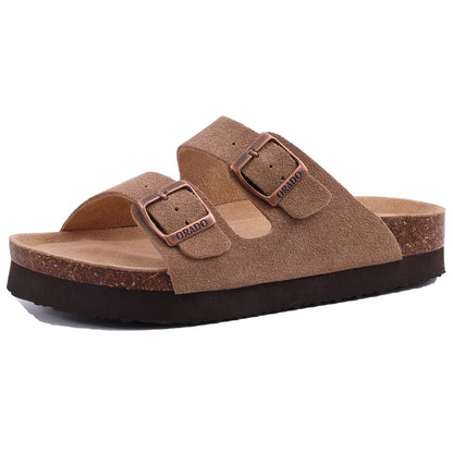 Women’s Open Toe Cork Sandals - Adjustable Buckle, Suede Flat Slippers