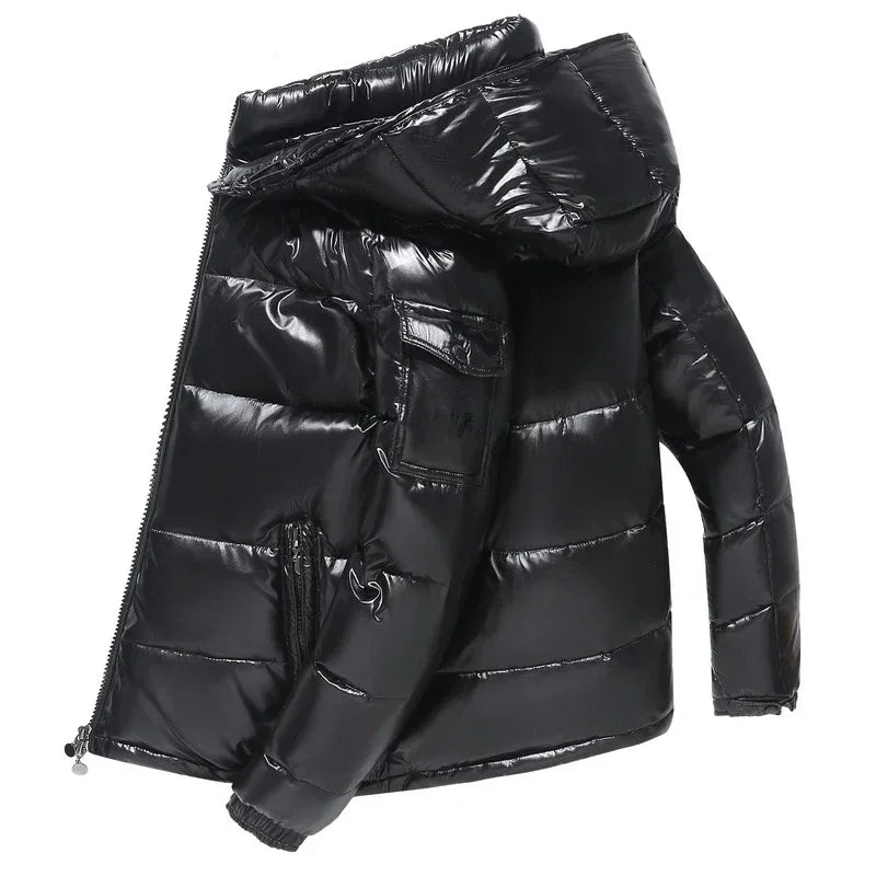 Men’s Glossy Hooded Winter Jacket – Thick Warm Puffer Coat