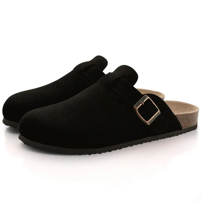 Women's Classic Faux Suede Cork Slippers with Arch Support – Mules for Indoor Comfort