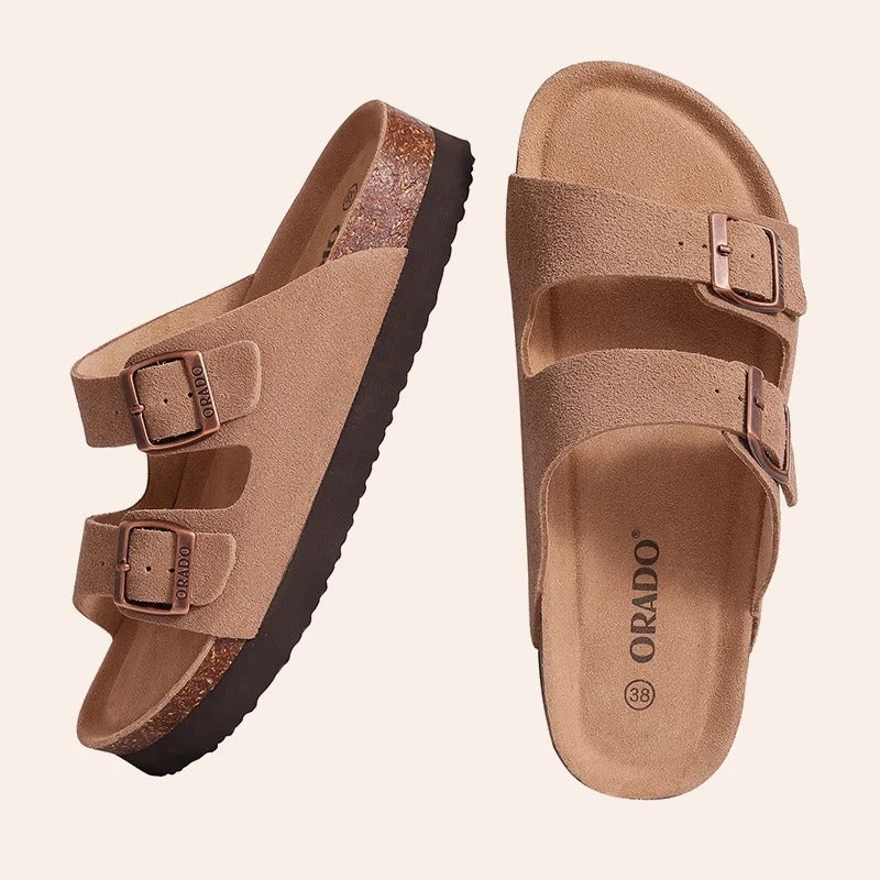 Women’s Open Toe Cork Sandals - Adjustable Buckle, Suede Flat Slippers